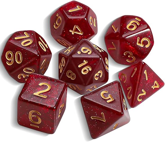 QMAY Polyhedral Spielwürfel - 7 Stück Würfel (Rot + Glitter)