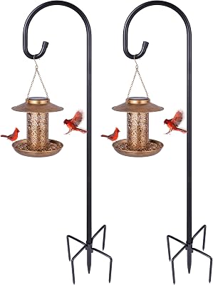 Ottsuls 2 Pack 60 inch Adjustable Shepherd Hooks and 2 Pack Solar Bird Feeder for Outdoors Hanging Decor Brown