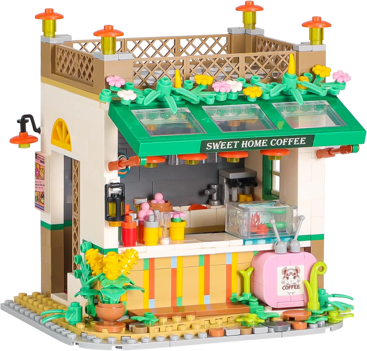 Friends Flowers House Building Block Sets, Girls Mini Coffee Shop Dessert Greenhouse Apartment with Lights Cafe Dreamhouse Bricks Kits Christmas Xmas Gifts for Adults Kids 8-12 6-12 7-9
