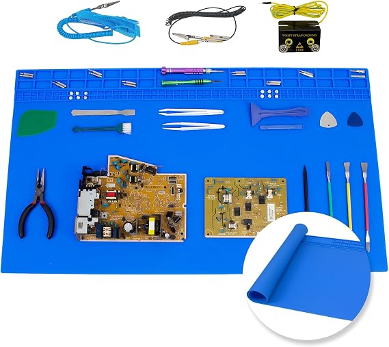 27.6'' x 15.7'' Extra Large Soldering Mat with ESD Wrist Strap and Grounding Accessories 932F Heat Resistant Silicone Repair Mat Oversized Work Mat for Electronics Cellphone Laptop Repair (Blue)