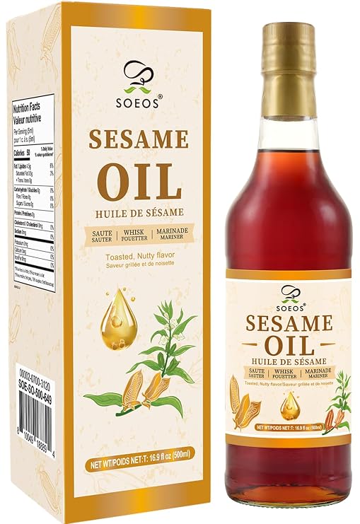 Soeos Sesame Oil, Toasted Sesame Seed Oil, 16.9 Fl Oz (500 ml), Nutty Flavor, Perfect for Asian Food, Noodles, Soup, Baking, and Stir-Fry