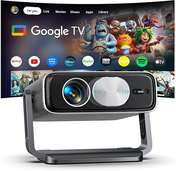 Smart Projector [Google TV Stick] 3000ANSI Projector 4K Home Cinema with Netflix - Car Lens Cover - Auto Focus & 6D Keystone Correction Full HD 1080P WiFi 6 Daylight Projector with App for Outdoor