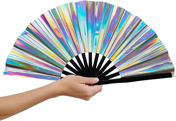 Clack Fans for Line Dancing Large Folding Hand Fans for Dance Glitter Rave Festival Fan for Men/Women Popping Fans for EDM, Festival,Club, Party, Dance Accessories (Laser Silver)