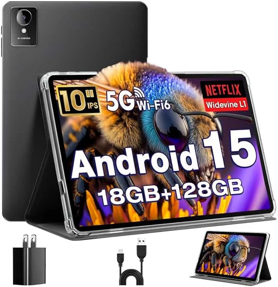 10 Inch Tablet, Android 15 Tablet, 18GB RAM + 128GB ROM (1TB Expandable), 1280x800 IPS Display, Widevine L1 Compatible Octa-Core, 6000mAh, 5MP+8MP Camera, WiFi, Bluetooth 5.4