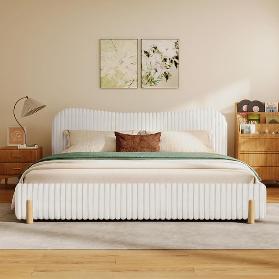 Christopher Knight Home Loeeta Queen Size Platform Bed, Sleek Boucle Upholstered Bed Frame with Wavy Headboard and Vertical Stitching, Wooden Slats, No Box Spring Needed, Easy Assembly, White