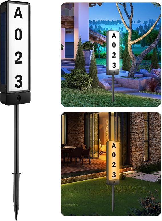 T-SUNUS Solar House Numbers for Outside, Double Sided Address Sign Vertical LED Illuminated Lighted Plaques IP65 Waterproof Driveway Marker Street Signs for Home Yard Warm/Cold White