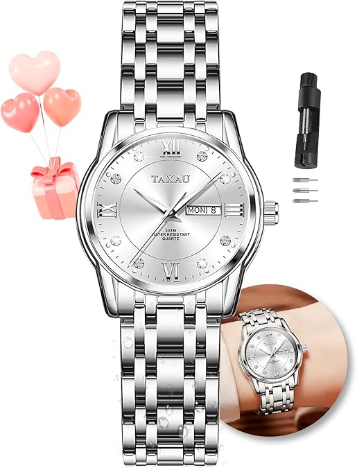 Taxau Two Tone Watches for Women Small Dial Womens Watch Ladies Stainless Steel Waterproof Easy Read Womens Watch with Date Dress Analog Quartz Women Wrist Watches Reloj para Mujer Silver/Blue Dail