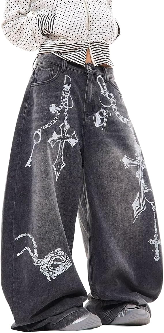 Barrel Jeans Women Men Y2K Cross Graphic 3D Print Baggy Jeans Emo Streetwear for Skater Wide Leg Denim Barrel Pants