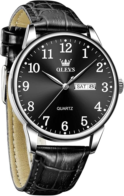 OLEVS Men Leather Watches Classic Quartz Large Dial Easy Read Waterproof
