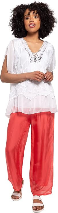 M Women's Embroidered Short Flare-Sleeve V-Neck Blouse, White, Large