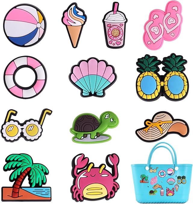 12pcs Beach Charms for Bogg Bags Summer Beach Tote Charms Bogg Bag Accessories Decorations for Totes Bag Inserts Charms Totes Decor for Women