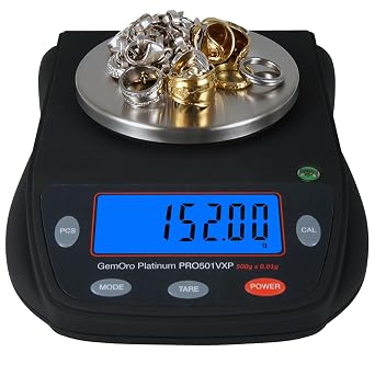 GemOro Platinum PRO501VXP | Durable Precise Jewelers Countertop Portable Scale | Digital Precision Tool with Expert Professional Reading & Accuracy 500g x 0.01g Readability (Black)