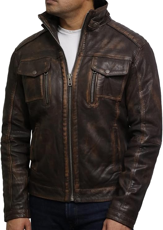 BRANDSLOCK Mens Leather Jacket Genuine Sheepskin Vintage Distressed