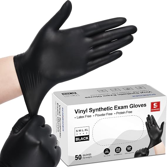 Schneider Black Vinyl Exam Gloves, 4 mil, Disposable Latex-Free Plastic Gloves for Medical, Cooking & Cleaning, 100-ct Box