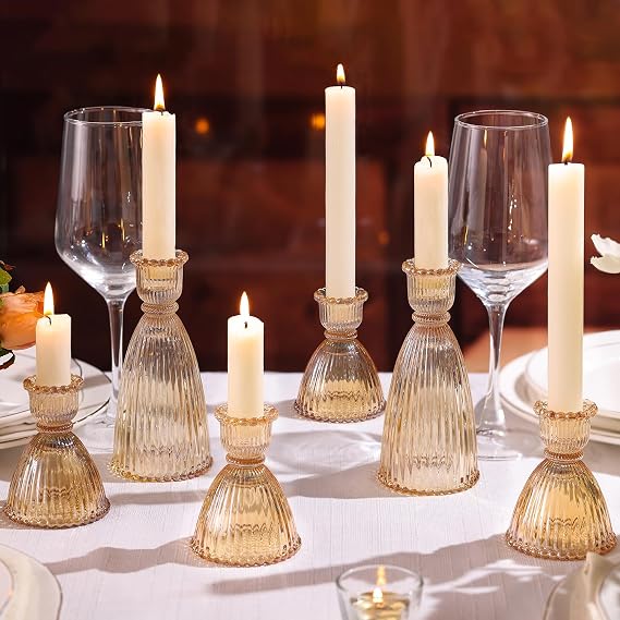 Gold Candlestick Holders Set of 6-4pcs 3.5"& 2pcs 6" Assorted Taper Candle Holder Centerpieces for Wedding, Ribbed Glass Candle Holders Bulk for Party Table Decor, Modern Home Decor