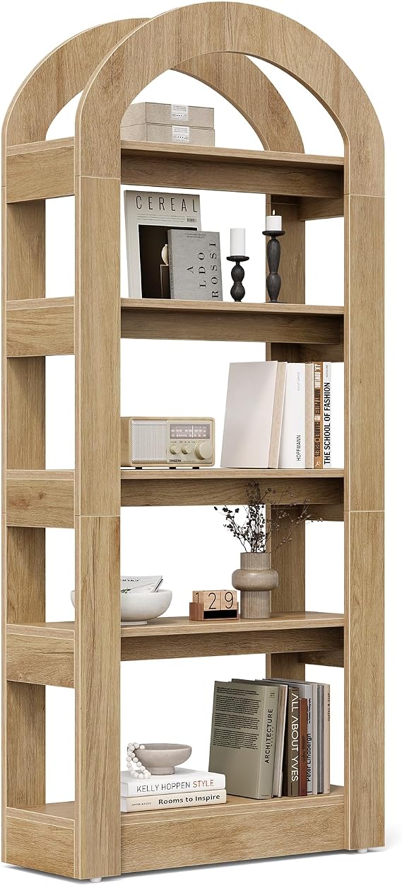 LITTLE TREE 5-Tier Bookshelf, Arch-Shaped Racks, Tall Standing Wooden Bookcase Display Shelf Modern Storage Solution (1, Teak Color)