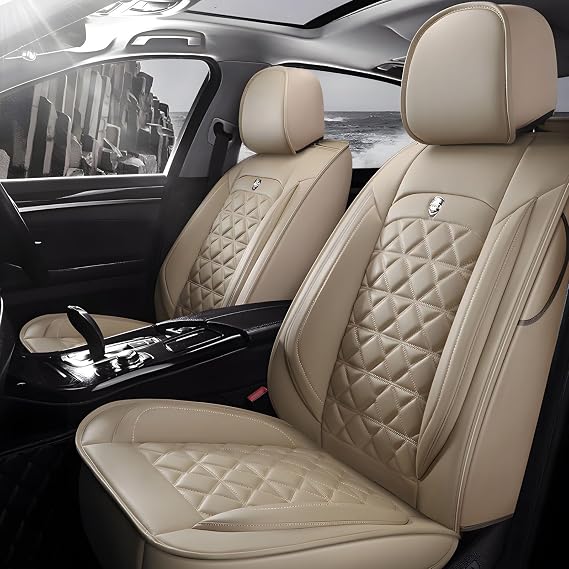 otoez Car Seat Covers Full Set, Full Coverage Leather Automotive Seat Covers, Universal Seat Cushion Protector Breathable and Waterproof for 5 Passenger Cars SUV Pick-up Truck Sedan (Beige)