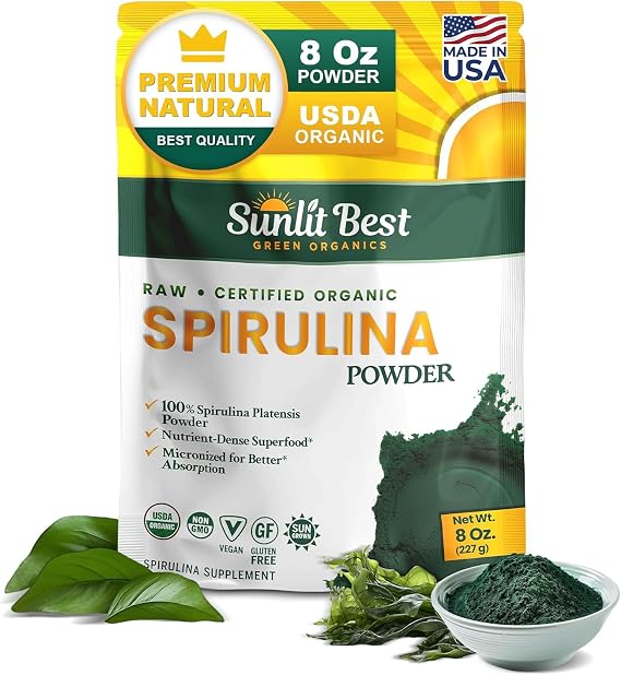 Sunlit Best Organic Spirulina Powder, Green Algae Natural Superfood, 8 Oz