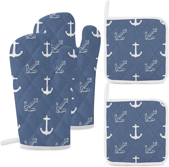4Pcs Oven Mitts and Potholders, Dark Blue Anchors Oven Mitts Gloves Set Heat Resistant Hot Pads for Kitchen Cooking Grill