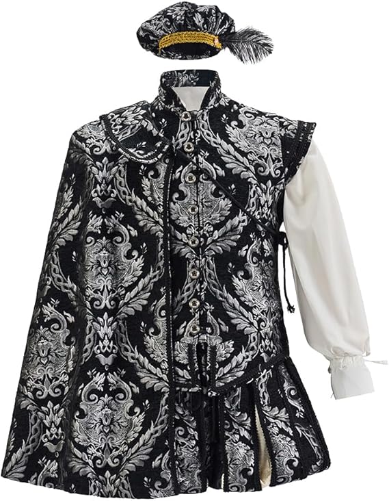 Willyacos Men's Tudor Elizabethan Period Costume Royal Pince Tudor King Costume Nobleman Costume Vest Pants Hat Cape