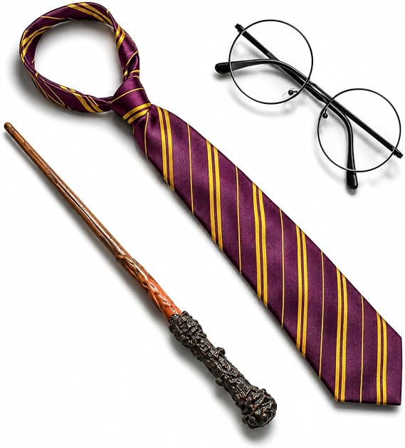 Skeleteen Wizard Costume Accessories Set - Nerd Circle Glasses, Tie and a Magic Wand Accessory Set for Kids and Adults