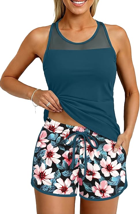 Tankini with Shorts Two Piece Swimsuit High Neck Tummy Control Pocket
