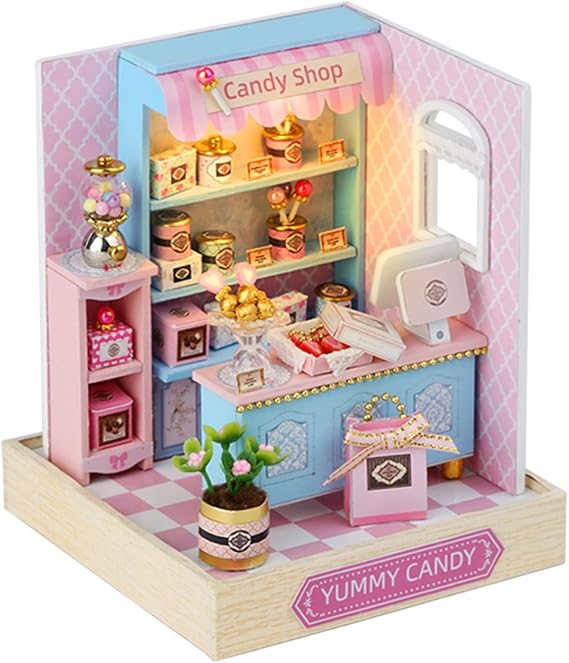 Kisoy Dollhouse Miniature with Furniture Kit, DIY 3D Wooden DIY House Kit with Dust Cover,Handmade Tiny House Toys for Teens Adults Gift (Yummy Candy)