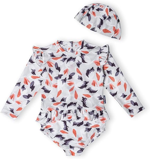 EZ Moms Baby Toddler Swimsuit Girl UPF 50+ Long-Sleeve One Piece Zipper Baby Beach Swimwear Sunsuit Ruffle with a Swim Cap