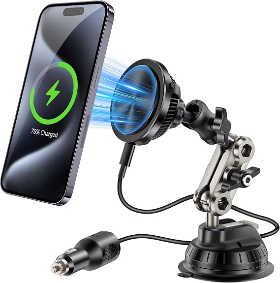 This Hill 15W Magnetic Wireless Car Charger Mount, Compatible with MagSafe, Phone Holder with 360 Suction Cup & Aluminum Alloy Telescopic Arm Compatible with iPhone 12-17 Series