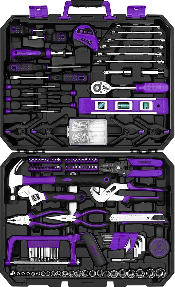 DEKOPRO Tool Set: 228 Piece Home Tool Kit, Household Basic Repair Tool Set  with Storage ToolBox, Socket Wrench Set for Car, Hand Tool Box Set for Home - Purple