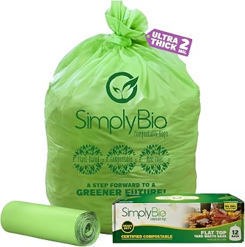 Simply Bio 64 Gallon Compostable Trash Bags Flat-Top, Heavy Duty Extra Thick 2 Mil, 242.27 Liter, 12 Bags, Large Lawn and Yard Waste Bag, ASTM D6400, US BPI and OK Compost Home Certified