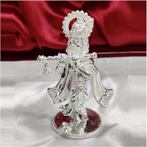 Shree Krishna Idol in Pure 925 Silver / Shree Krishna Statue in Silver Hindu Religion God Sculpture Festival 4.30 Inch (420 GMS)