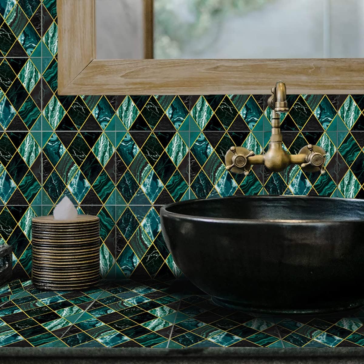 KAIRNE Green Gilding Mosaic Wall Tiles Transfer Marble Stickers for Bathroom Decor, Kitchen Stick on Tiles Decal,Stairs Table Sticker, 15cm6" 18 pcs,Peel and Stick Backsplash Tile Paint