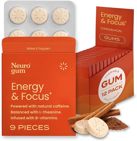 NeuroGum Energy & Focus, Cinnamon, 12 Packs, 9 Pieces Each