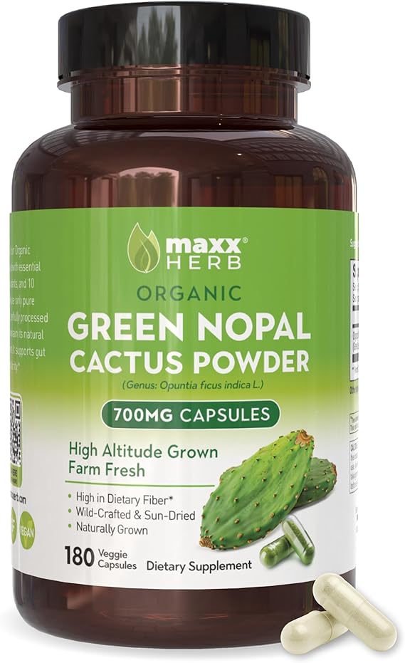 Maxx Herb Green Nopal Cactus Capsules - Organic Cactus Fiber, Vitamins, Antioxidant, Metabolic Support, No Added Sugar, Non-GMO, Gluten Free (180 Veggie Capsules)