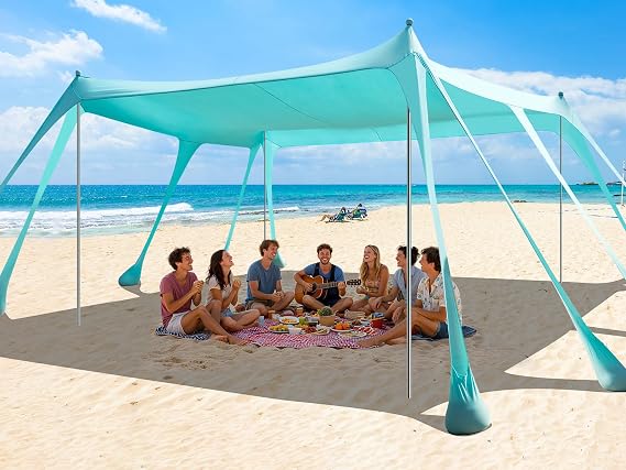 Beach Tent Sun Shelter, 13x10FT Beach Shade Canopy with 10 Sandbags, UPF50+ Outdoor Beach Canopy for Camping Trips, Fishing, Backyard - Sand Shovel, Ground Pegs & Stability Poles