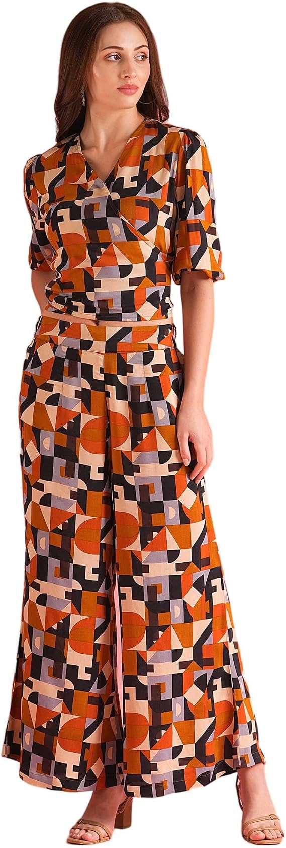 Women Paisley Print Wrap Tie-Back Crop Top & Flared Palazzos Co-Ord Set
