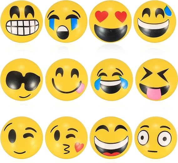 12pcs Emoticons Squeeze Toys, Yellow Stress Balls, 6.3cm, Adults & Teens