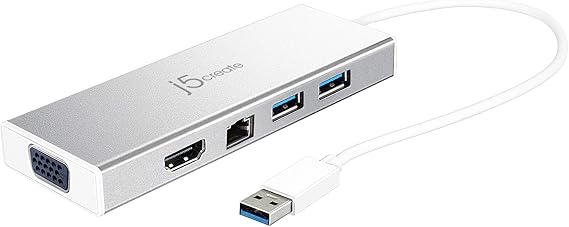 j5create USB 3.0 Hub with HDMI, VGA, RJ45 Gigabit Ethernet, 2 USB 3.1 | High Speed Data Transfer Adapter for Mac, Windows, Desktop PC - Supports Up to 2K Resolution (JUD380)