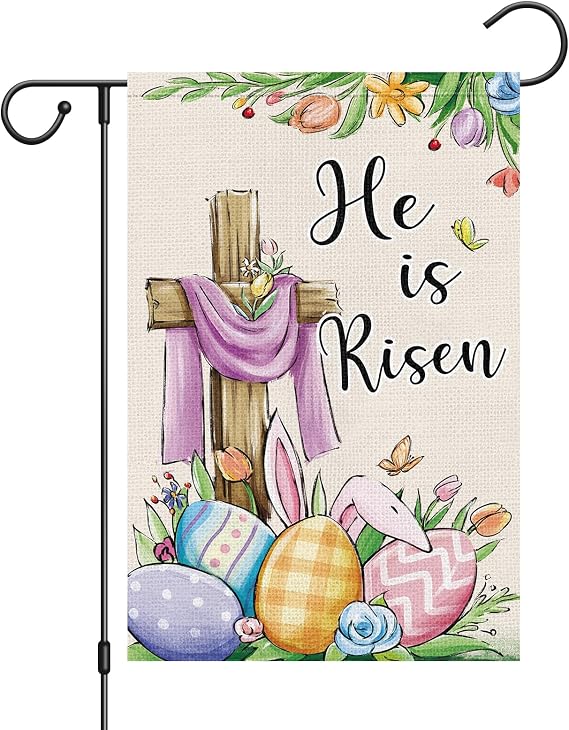 He Is Risen Easter Garden Flag 12x18 Inch Double Sided, Burlap Easter Eggs Flowers Religious Decorative Flag for Yard Outside