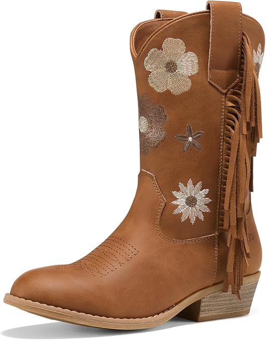 Rollda Girls Cowboy Boots Cowgirl Boots with Floral Embroidered Tassel