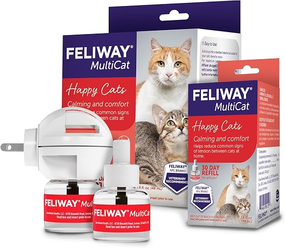 FELIWAY MultiCat Cat Calming Diffuser Kit and 1 Pack Refill Helps Reduce Fighting, Tension and Aggression Between Cats Due to Stress 30Day Cat Pheromone Plug in Diffuser for MultiCat Homes
