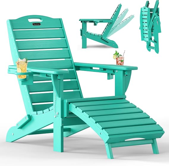 Folding Adirondack Chair with Retractable Ottoman, Weather Resistant Fire Pit Chair Patio Chair with 2 Cup Holder Lawn Outdoor Lounge Chair (Lake Blue)