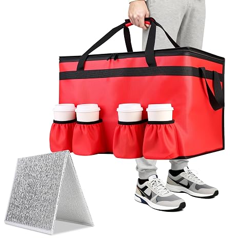 Insulated Food Delivery Bag with 4 Cup Holders & Bottom Plate, L