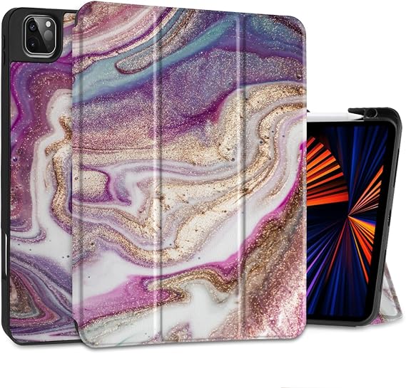 DONGKE Case for iPad Pro 12.9 inch 6th Generation 2022, Built-in Pencil Holder + Trifold Stand + Auto Wake/Sleep + Protective Cover for iPad Pro 12.9 5th/4th/3rd Gen- Pink Marble