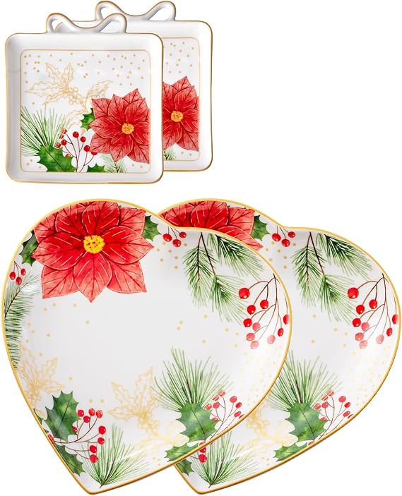 Christmas Heart Shape Dinner Plates and Gift-box Shape Candy Dishes, Elegant Design and Food Safe Ceramic Plates, Lead-Free, Microwave and Dishwasher Safe