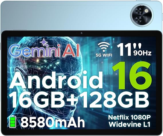 U11 Android 16 Tablet 11 Inch Gemini AI 16GB RAM + 128GB ROM (2TB TF) 8580mAh Gaming Tablet Unisoc T7200 Octa-Core 13MP + 5MP Tablets PC 2.4G+5G WLAN GMS/WidevineL1/ 3.5mm Audio/GPS/Face ID/OTG