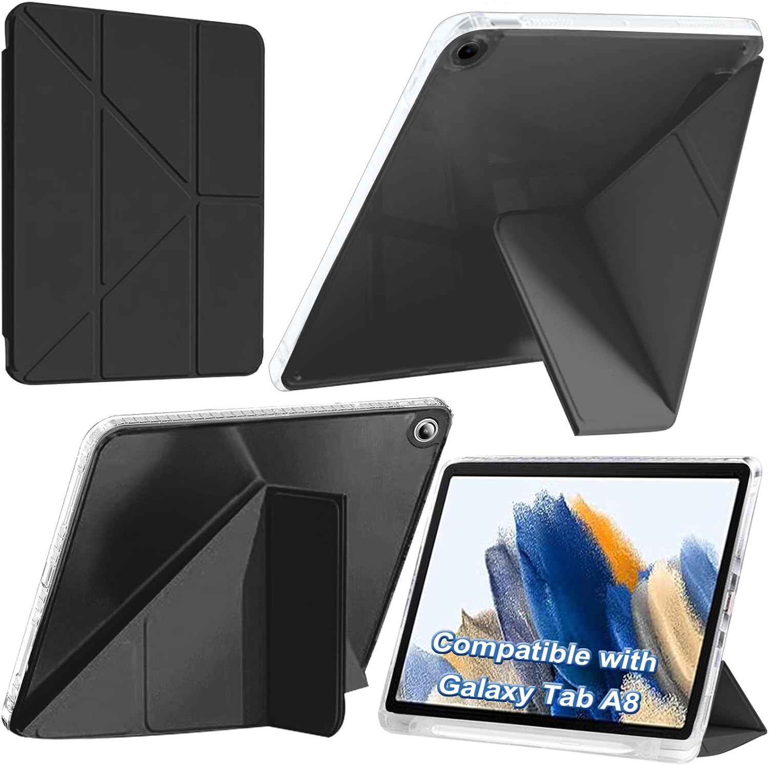 ケース 対応 Samsung Galaxy Tab A8 10.5 インチ SM-X200X205X207 用S Penホルダー付き 軽量 耐衝撃 クリアバック 6-in-1 Y字型三つ折スタンド オートウェイクアップスリープ機能 ブラック