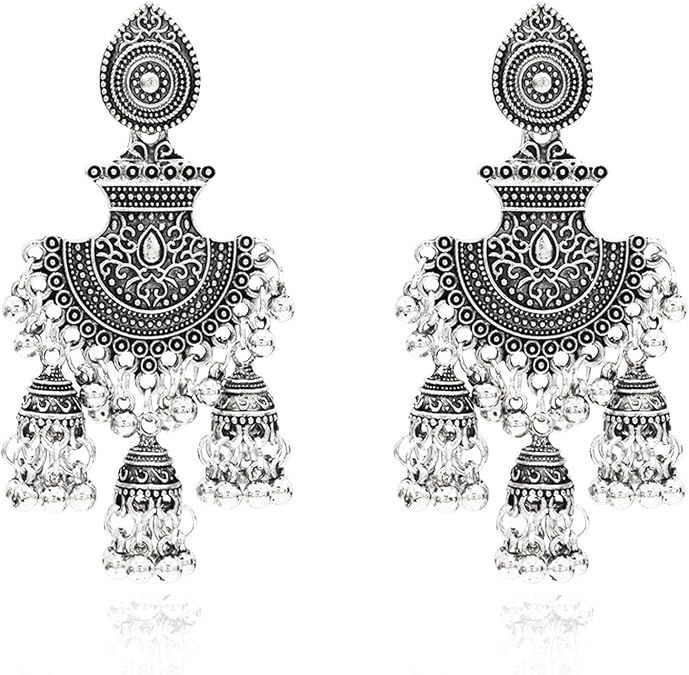 Jhumkas Indian Earrings for Women Vintage Gold Silver Jhumkas Bell Tassel Earrings Bollywood Jewelry Indian Sarees Dresses Outfits for Women Diwali Gifts