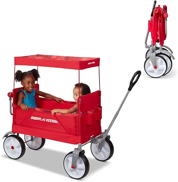 Radio Flyer Beach & Boardwalk 3-in-1 EZ Fold Wagon, for Kids 1.5+, UV Shade | One-Hand Flat Fold, Seats 2 or Converts to Bench, DuraClean Fabric, Beach Tires, 150 lb Capacity